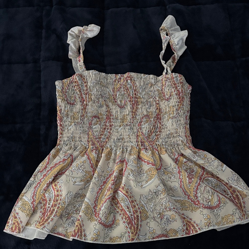 Smocked Paisley Print Tank Top in Cream and Red